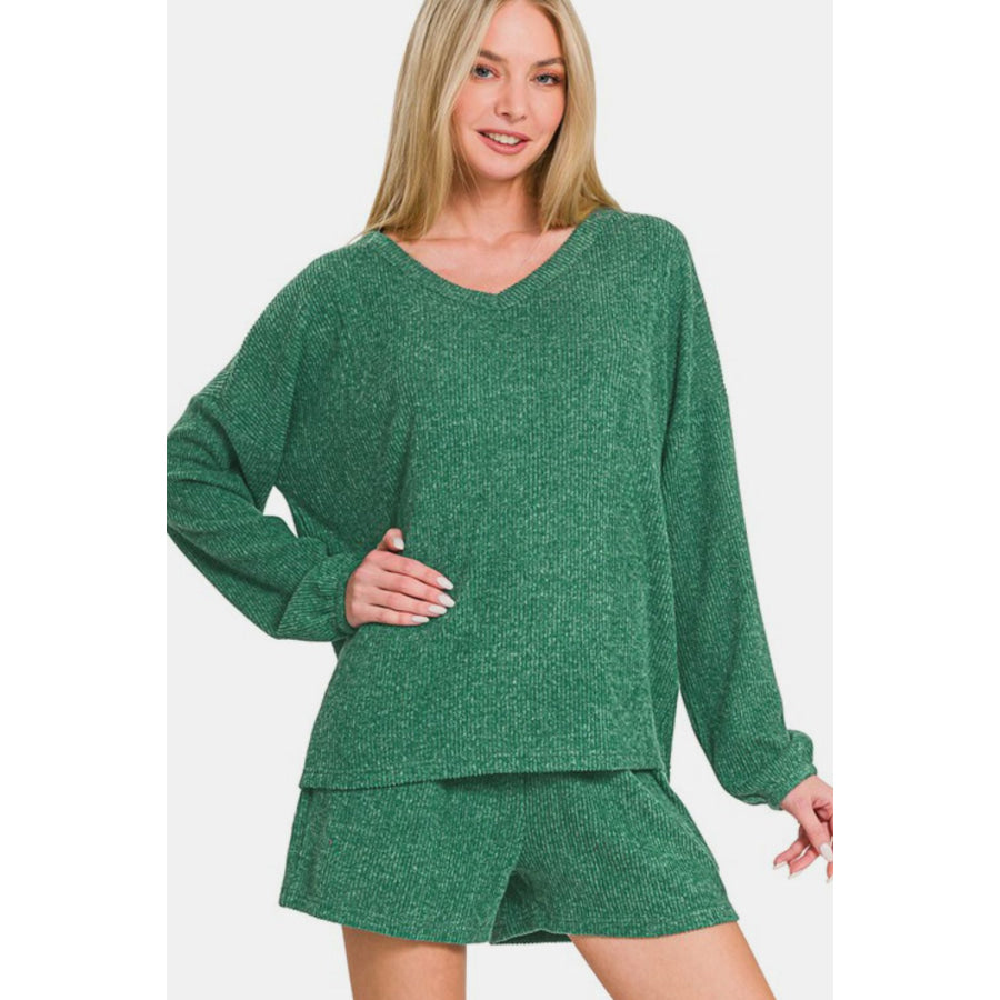 Zenana V-Neck Long Sleeve Ribbed Top and Shorts Set Dark Green / S Apparel and Accessories