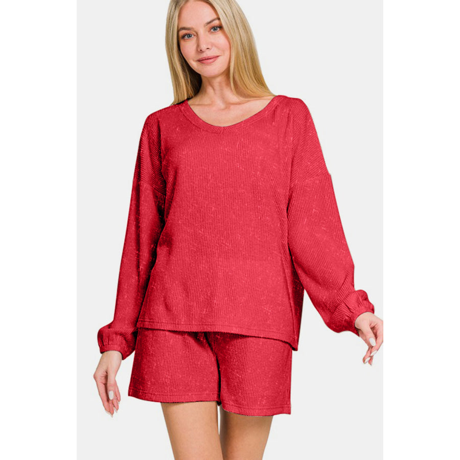 Zenana V-Neck Long Sleeve Ribbed Top and Shorts Set Deep Red / S Apparel and Accessories