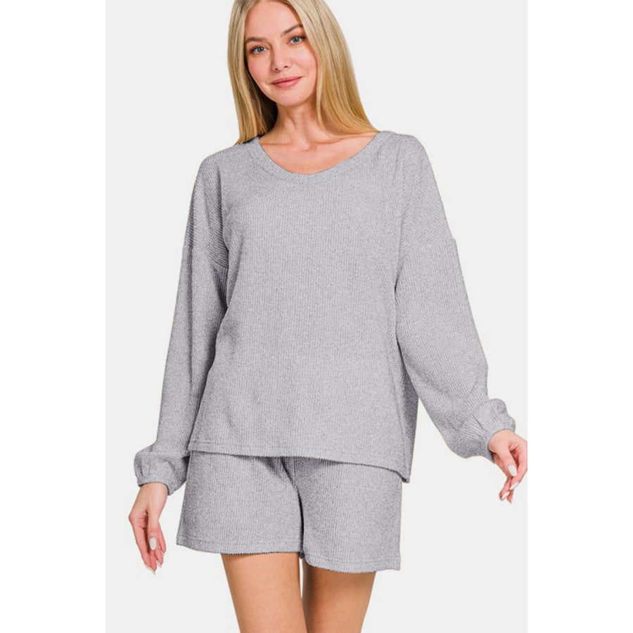 Zenana V-Neck Long Sleeve Ribbed Top and Shorts Set Gray / S Apparel and Accessories