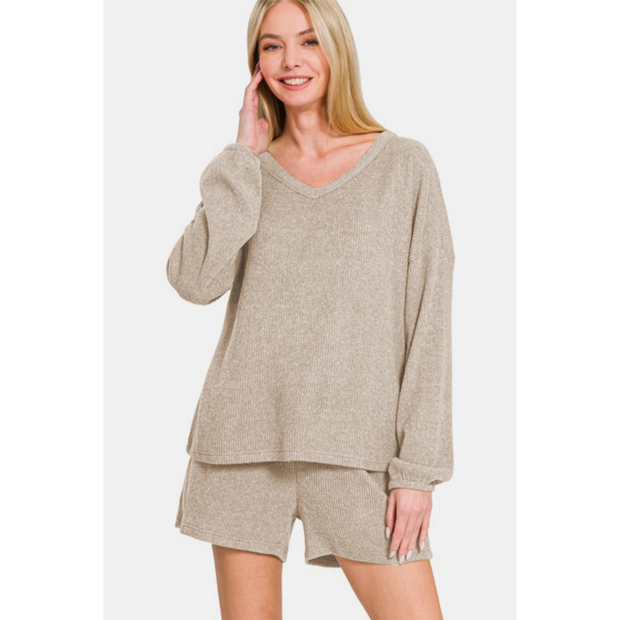 Zenana V-Neck Long Sleeve Ribbed Top and Shorts Set Khaki / S Apparel and Accessories