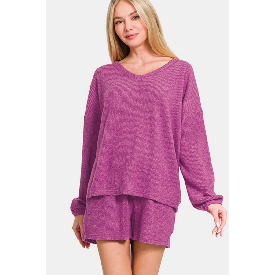 Zenana V-Neck Long Sleeve Ribbed Top and Shorts Set Red-Violet / S Apparel and Accessories