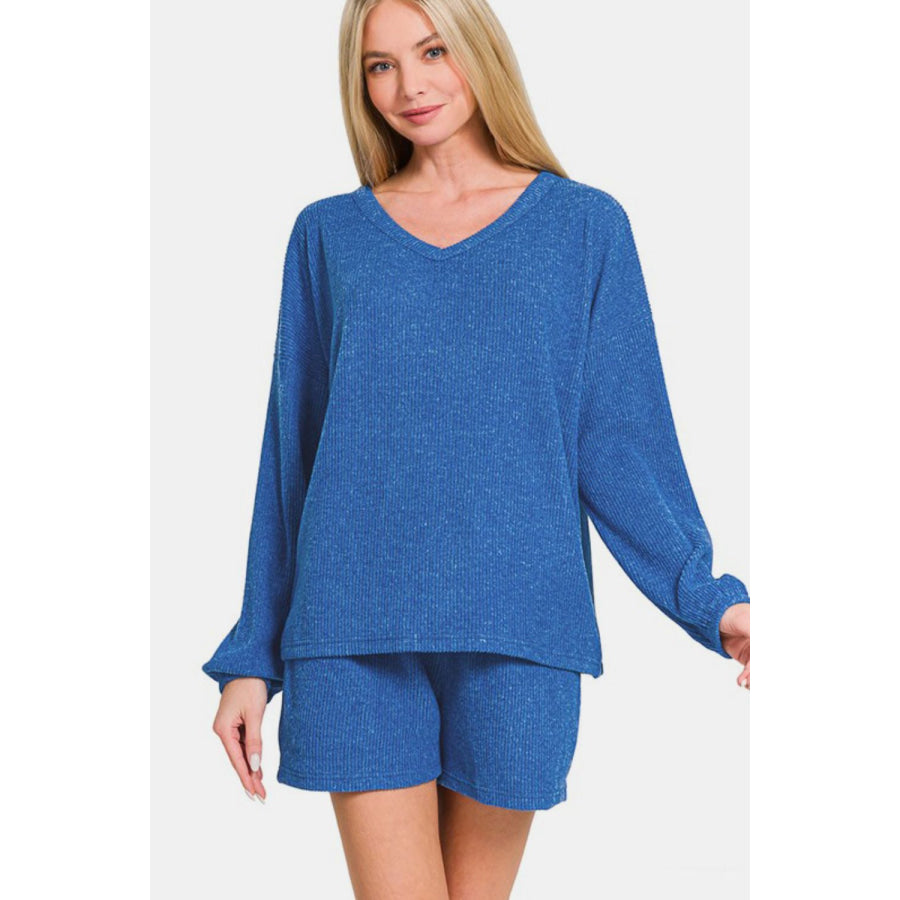 Zenana V-Neck Long Sleeve Ribbed Top and Shorts Set Royal Blue / S Apparel and Accessories