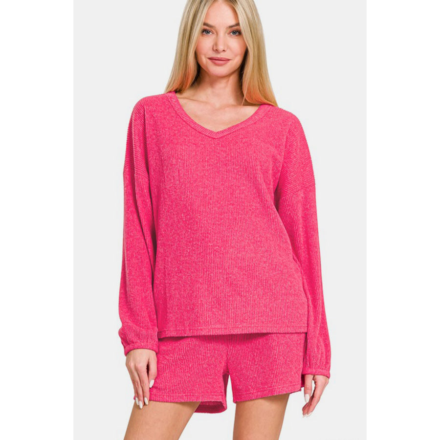 Zenana V-Neck Long Sleeve Ribbed Top and Shorts Set Strawberry / S Apparel and Accessories