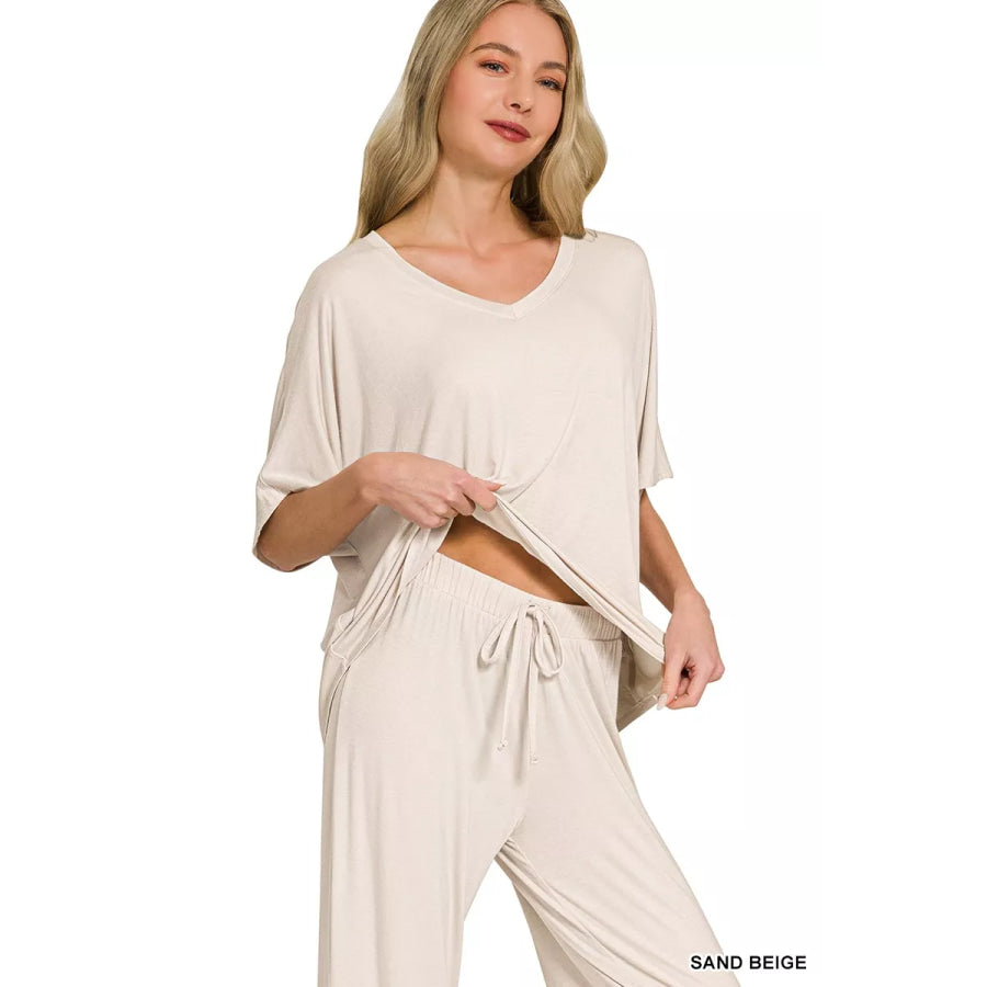 Zenana V-Neck Oversized Top & Pants Set SAND BEIGE / S Apparel and Accessories