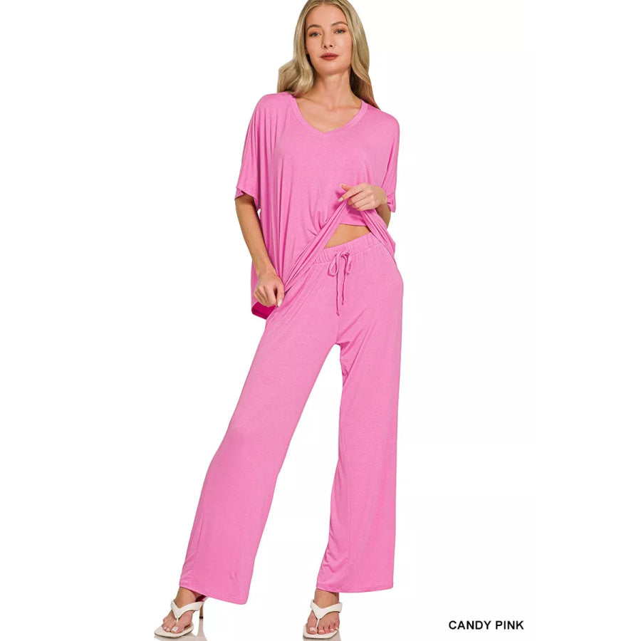 Zenana V-neck Oversized Top & Pants Set Apparel and Accessories