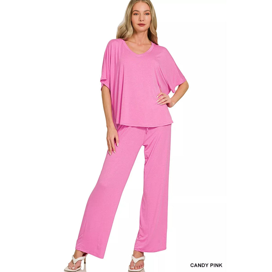Zenana V-neck Oversized Top & Pants Set CANDY PINK / S Apparel and Accessories