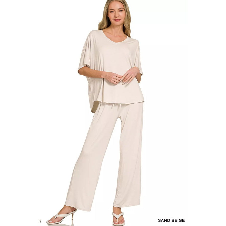 Zenana V-Neck Oversized Top & Pants Set SAND BEIGE / S Apparel and Accessories