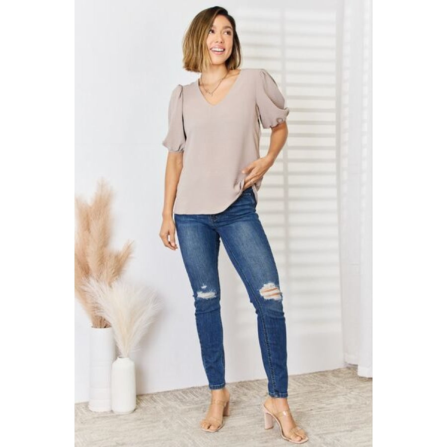 Zenana V-Neck Puff Sleeve Top Apparel and Accessories