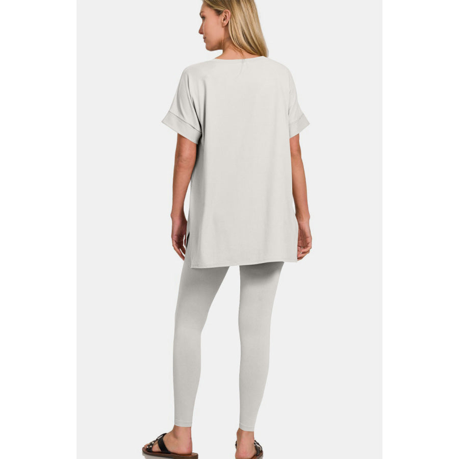 Zenana V-Neck Rolled Short Sleeve T-Shirt and Leggings Lounge Set Lt Cement / S Apparel and Accessories