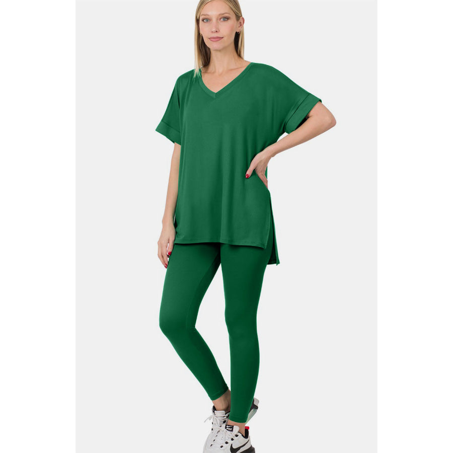 Zenana V-Neck Rolled Short Sleeve T-Shirt and Leggings Lounge Set Apparel and Accessories