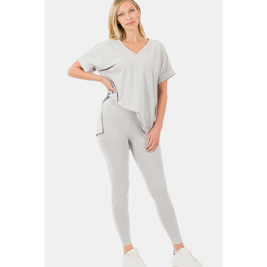 Zenana V-Neck Rolled Short Sleeve T-Shirt and Leggings Lounge Set Apparel and Accessories