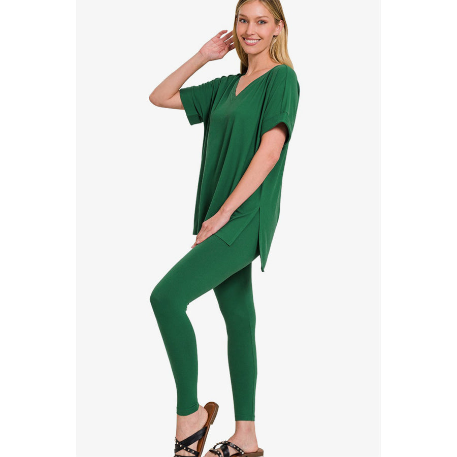 Zenana V-Neck Rolled Short Sleeve T-Shirt and Leggings Lounge Set DK Green / S Apparel and Accessories