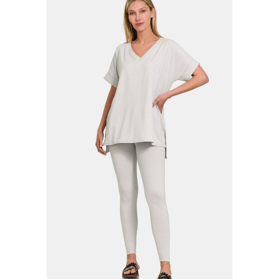 Zenana V-Neck Rolled Short Sleeve T-Shirt and Leggings Lounge Set Lt Cement / S Apparel and Accessories