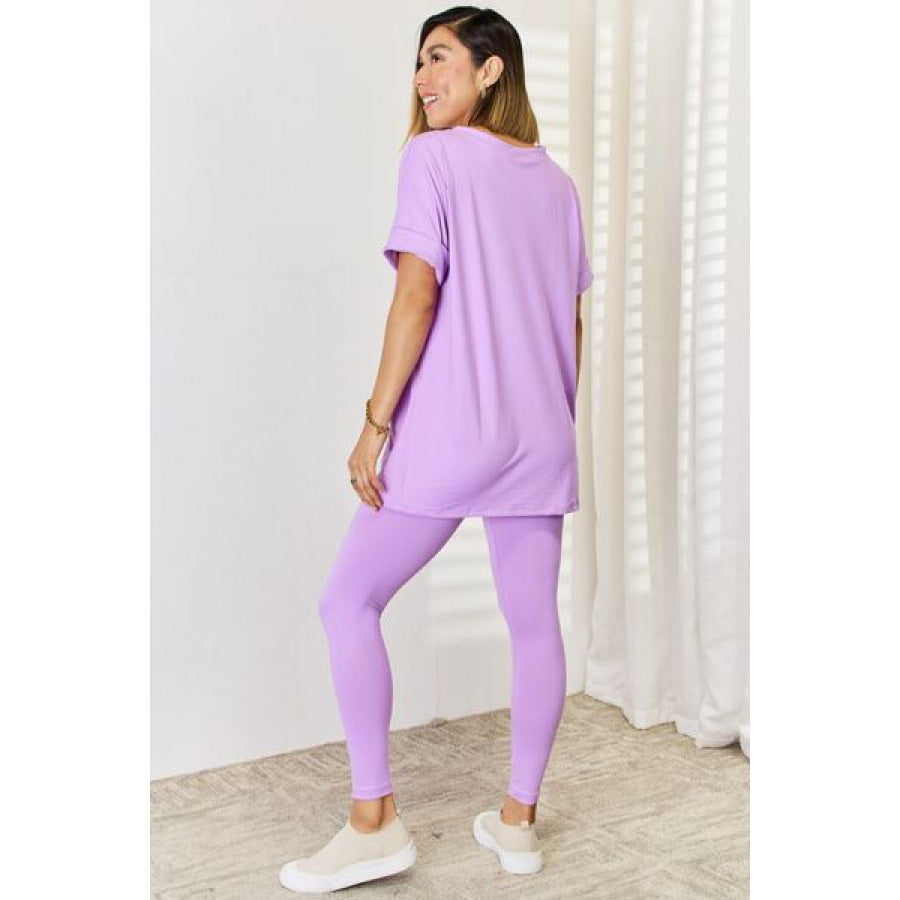 Zenana V - Neck Rolled Short Sleeve T - Shirt and Leggings Set B Lavender / S Apparel Accessories