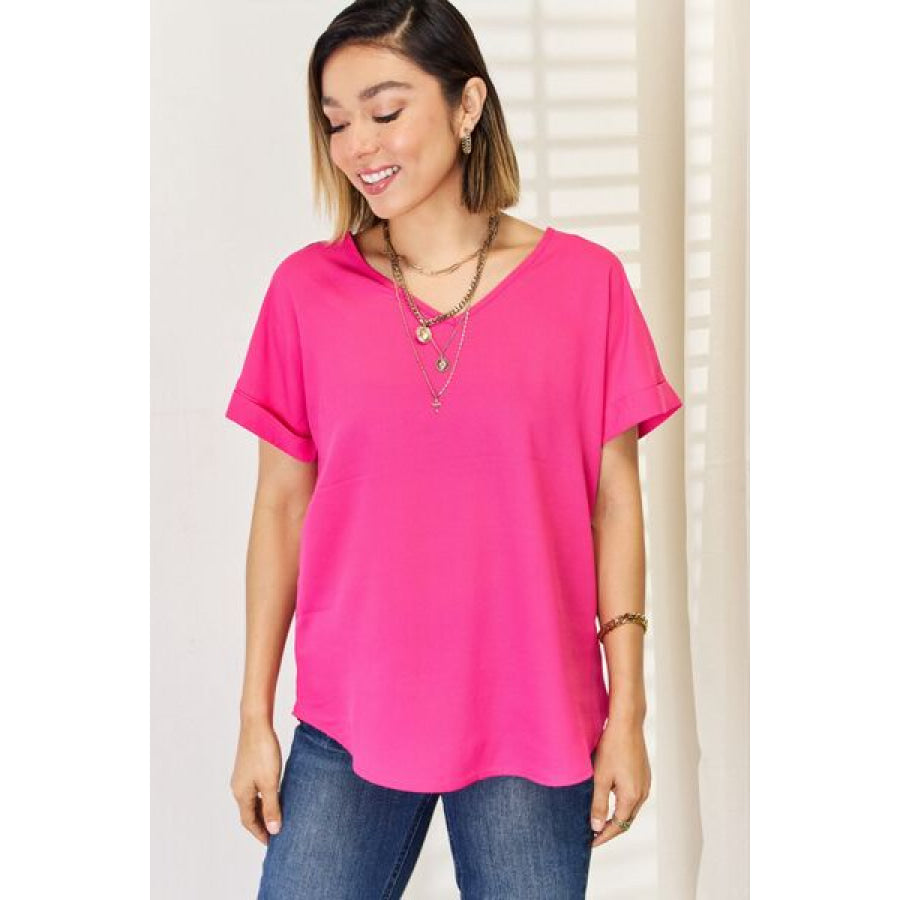 Zenana V - Neck Rolled Short Sleeve T - Shirt Apparel and Accessories