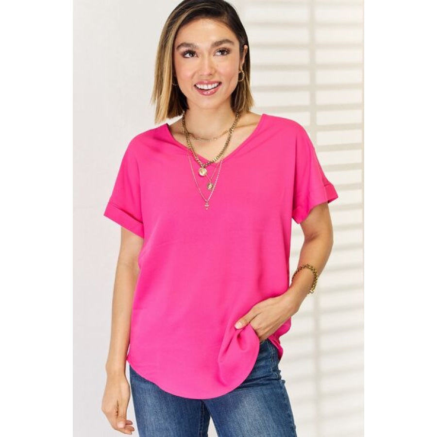 Zenana V - Neck Rolled Short Sleeve T - Shirt Hot Pink / S Apparel and Accessories