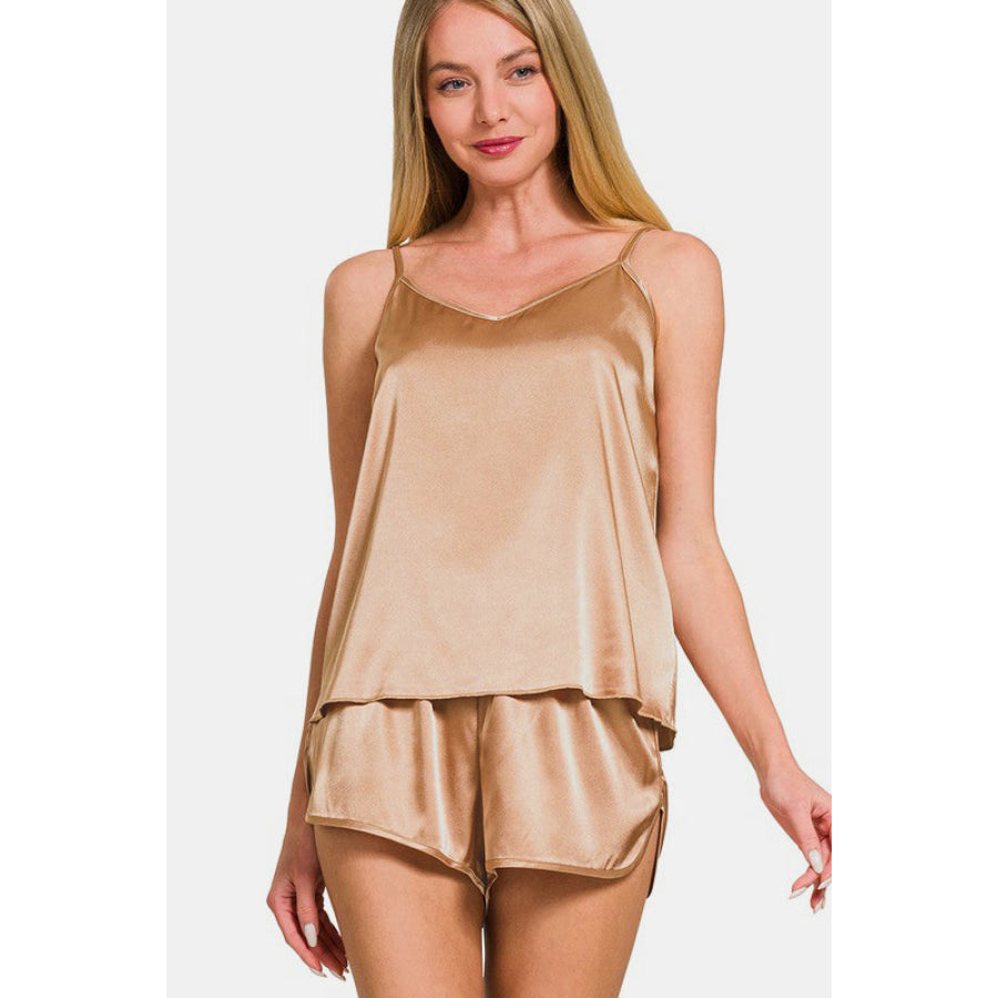 Zenana V-Neck Satin Cami and Elastic Waist Shorts Lounge Set Brush / S Apparel and Accessories