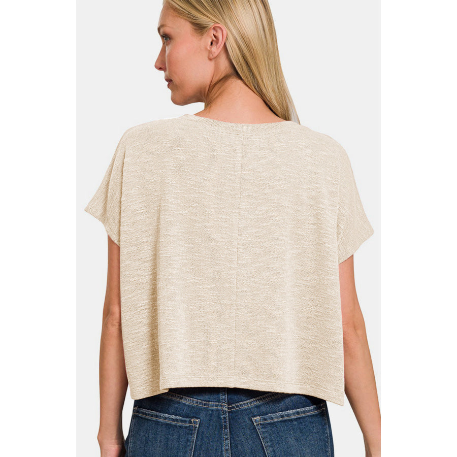 Zenana V-Neck Short Sleeve Crop T-Shirt Sand Beige / S Apparel and Accessories