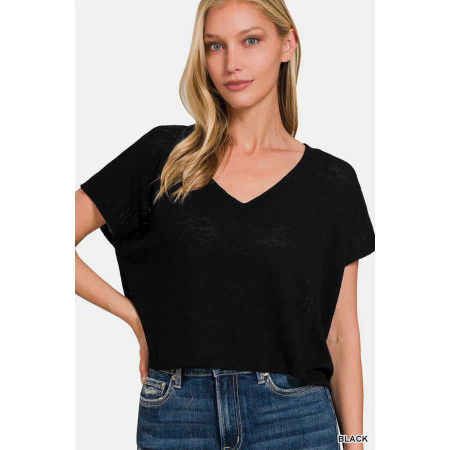 Zenana V-Neck Short Sleeve Crop T-Shirt Black / S Apparel and Accessories