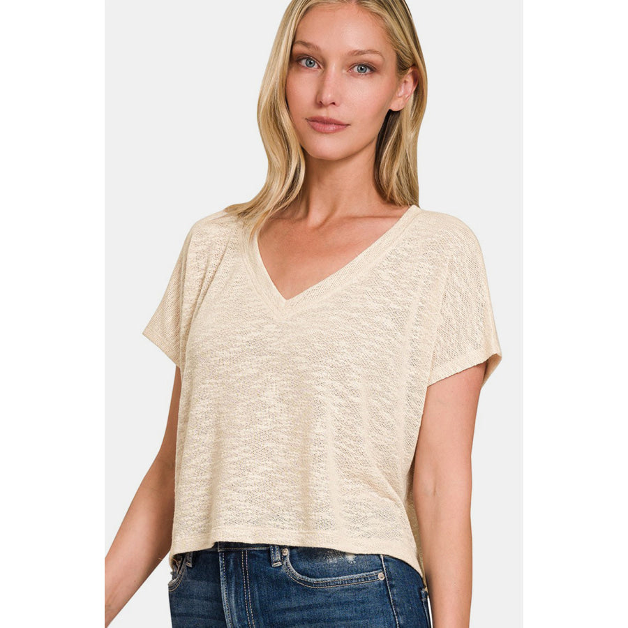 Zenana V-Neck Short Sleeve Crop T-Shirt Sand Beige / S Apparel and Accessories