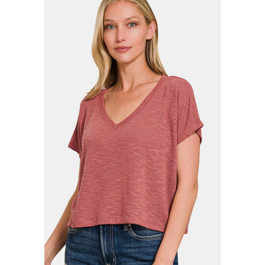 Zenana V-Neck Short Sleeve Crop T-Shirt Winter Rose / S Apparel and Accessories