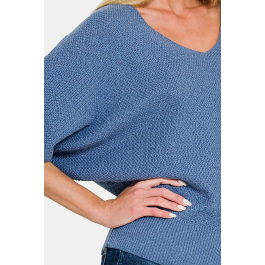 Zenana V-Neck Short Sleeve Dolman Sweater Apparel and Accessories