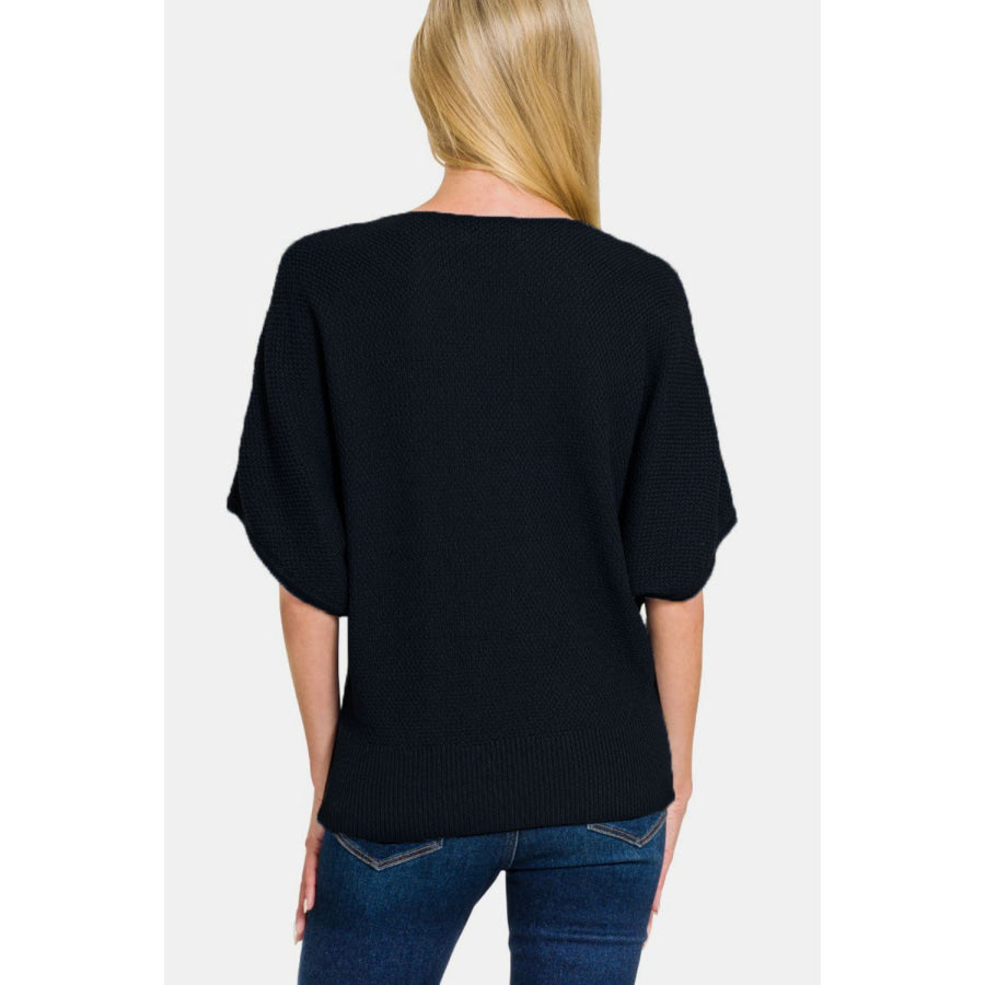 Zenana V-Neck Short Sleeve Dolman Sweater Apparel and Accessories