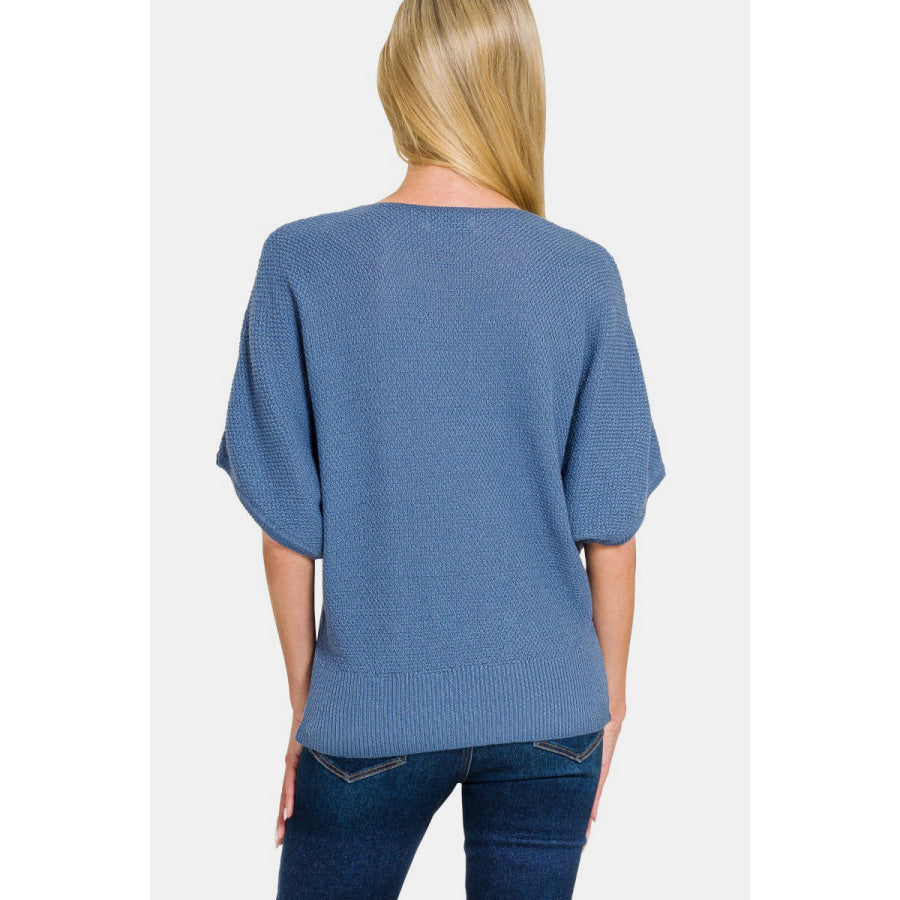 Zenana V-Neck Short Sleeve Dolman Sweater Dusty Blue / S Apparel and Accessories