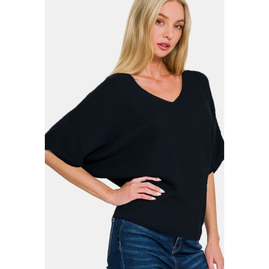 Zenana V-Neck Short Sleeve Dolman Sweater Apparel and Accessories