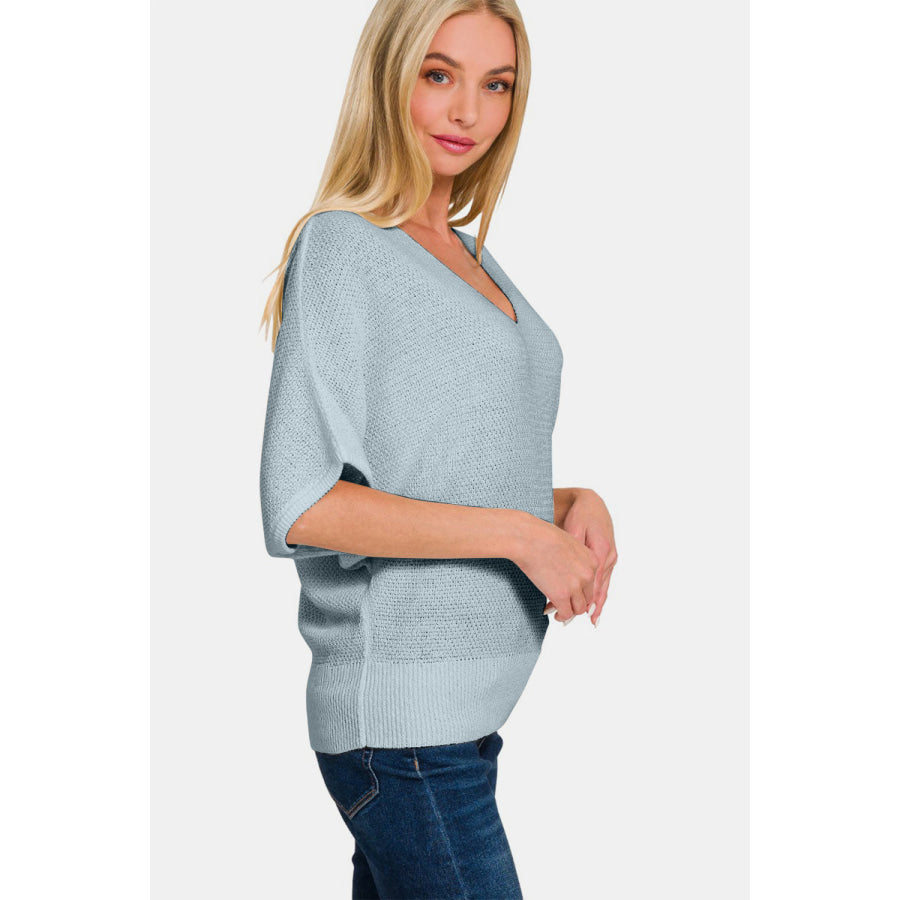 Zenana V-Neck Short Sleeve Dolman Sweater Apparel and Accessories