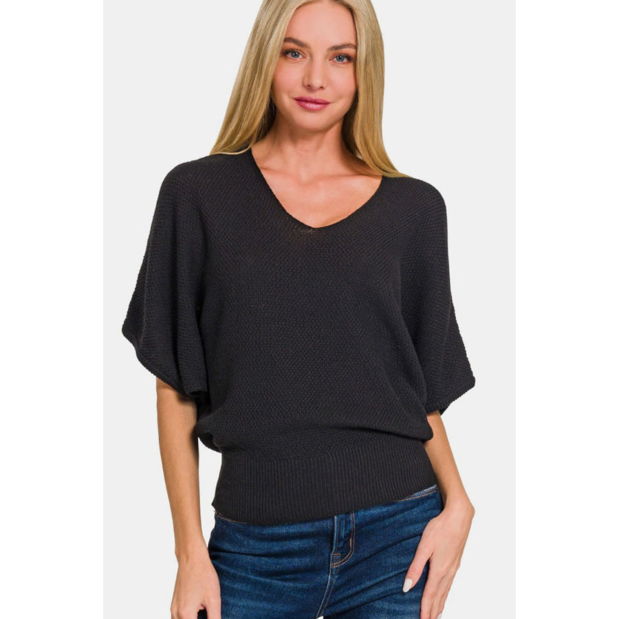 Zenana V-Neck Short Sleeve Dolman Sweater Black / S Apparel and Accessories