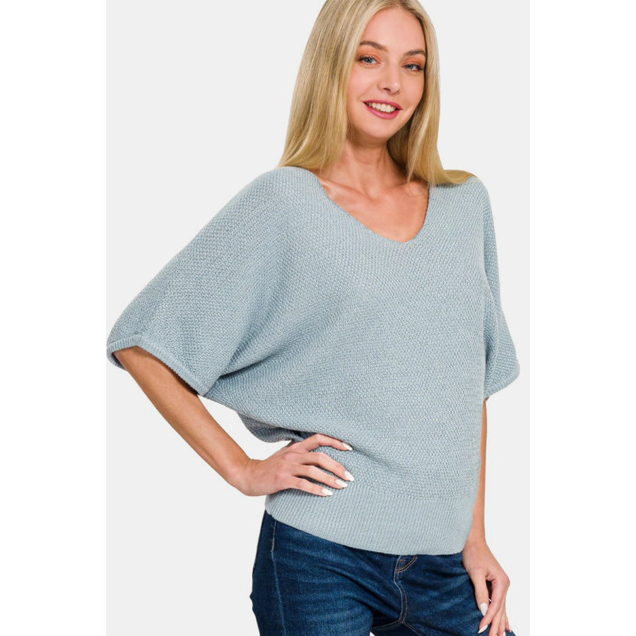 Zenana V-Neck Short Sleeve Dolman Sweater Blue Grey / S Apparel and Accessories