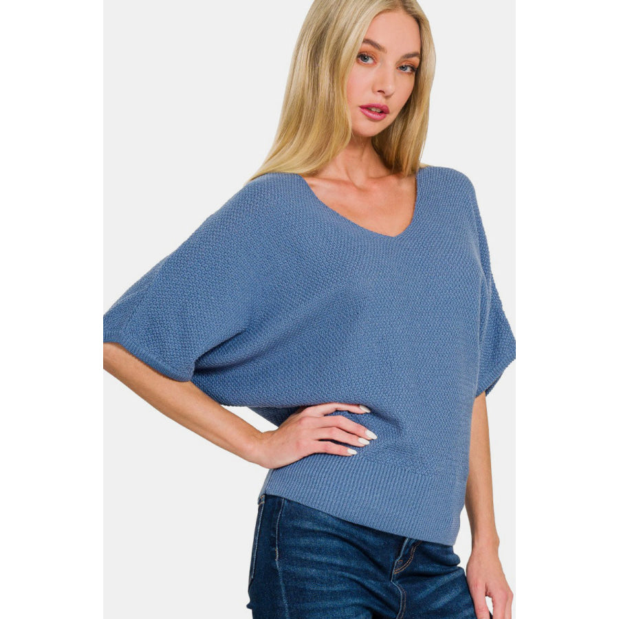 Zenana V-Neck Short Sleeve Dolman Sweater Dusty Blue / S Apparel and Accessories