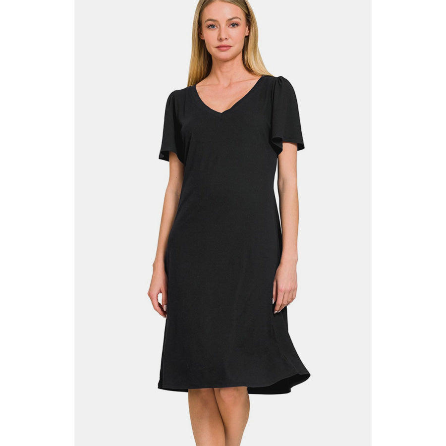 Zenana V-Neck Short Sleeve Dress Black / S Apparel and Accessories