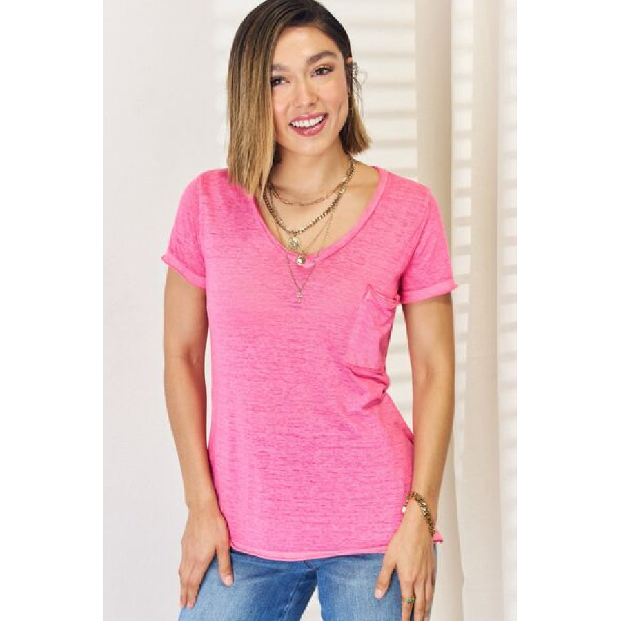 Zenana V - Neck Short Sleeve Slit T - Shirt Fuchsia / S Apparel and Accessories