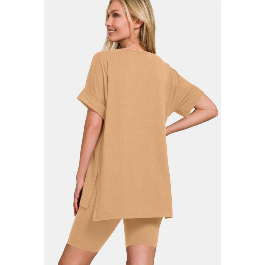 Zenana V-Neck Short Sleeve T-Shirt and Biker Shorts Set Dk Brush / S Apparel and Accessories