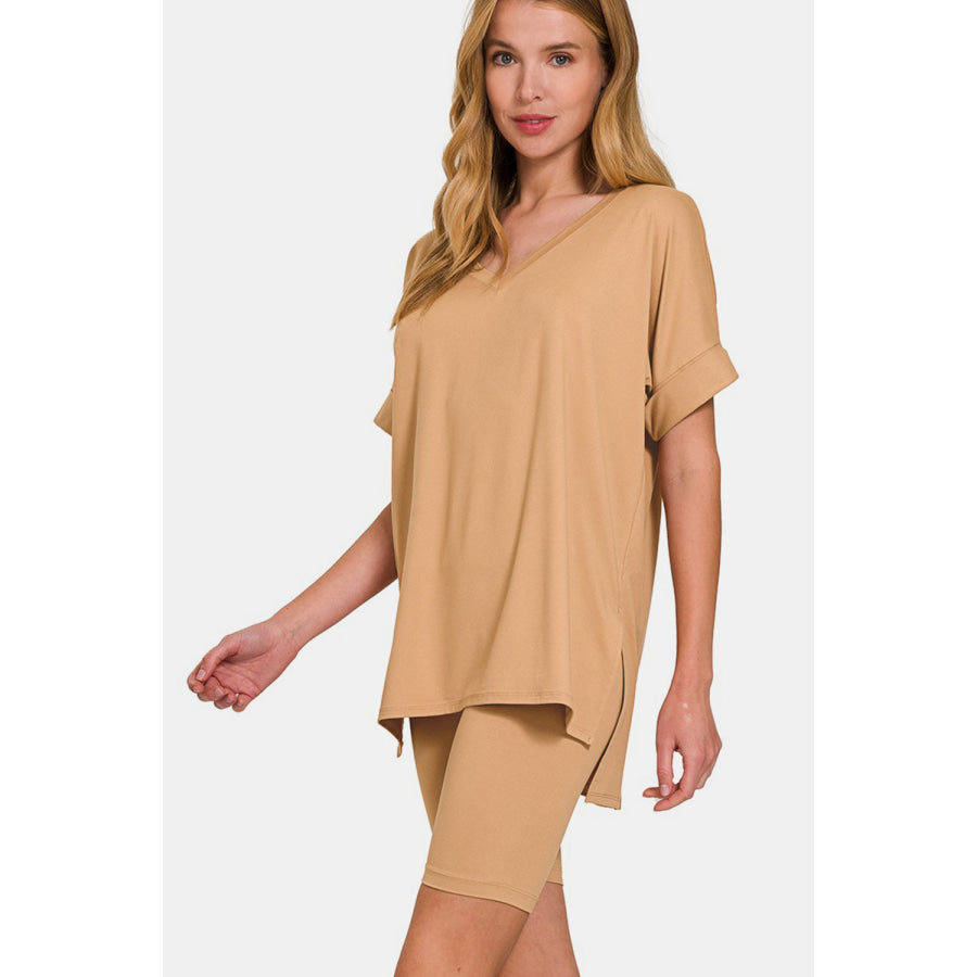 Zenana V-Neck Short Sleeve T-Shirt and Biker Shorts Set Dk Brush / S Apparel and Accessories