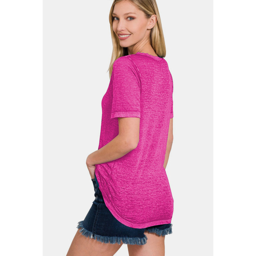 Zenana V - Neck Short Sleeve T - Shirt HOT PINK / S Apparel and Accessories