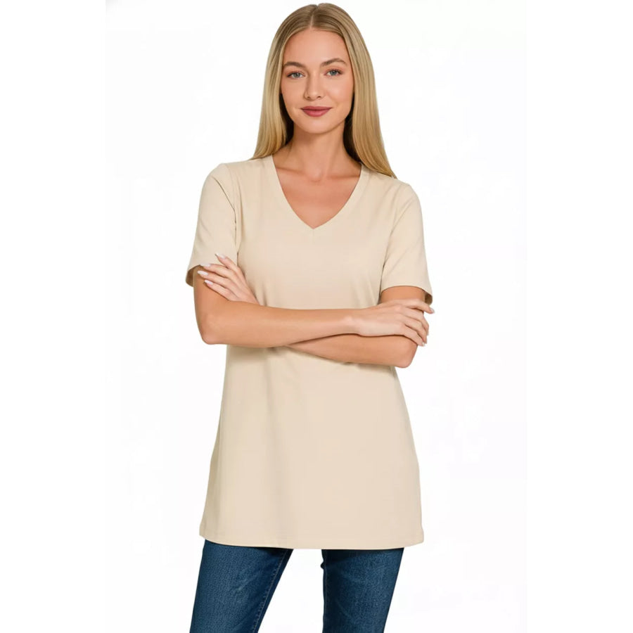 Zenana V-Neck Short Sleeve T-Shirt SAND BEIGE / S Apparel and Accessories