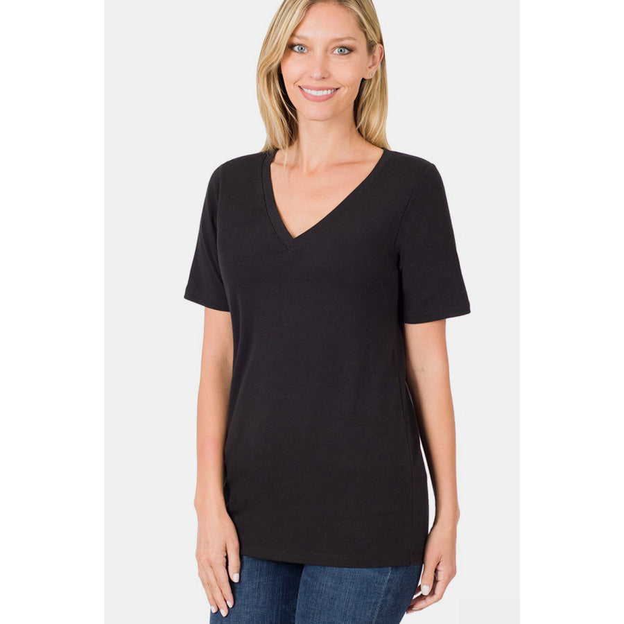 Zenana V-Neck Short Sleeve T-Shirt Black / S Apparel and Accessories