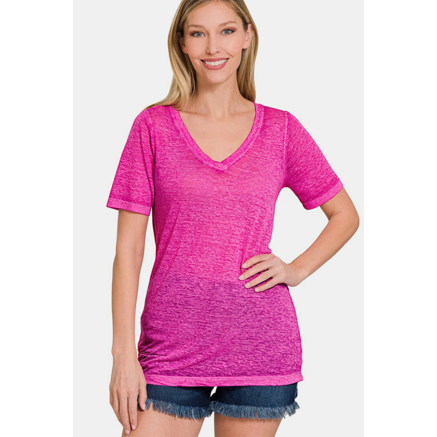 Zenana V - Neck Short Sleeve T - Shirt HOT PINK / S Apparel and Accessories