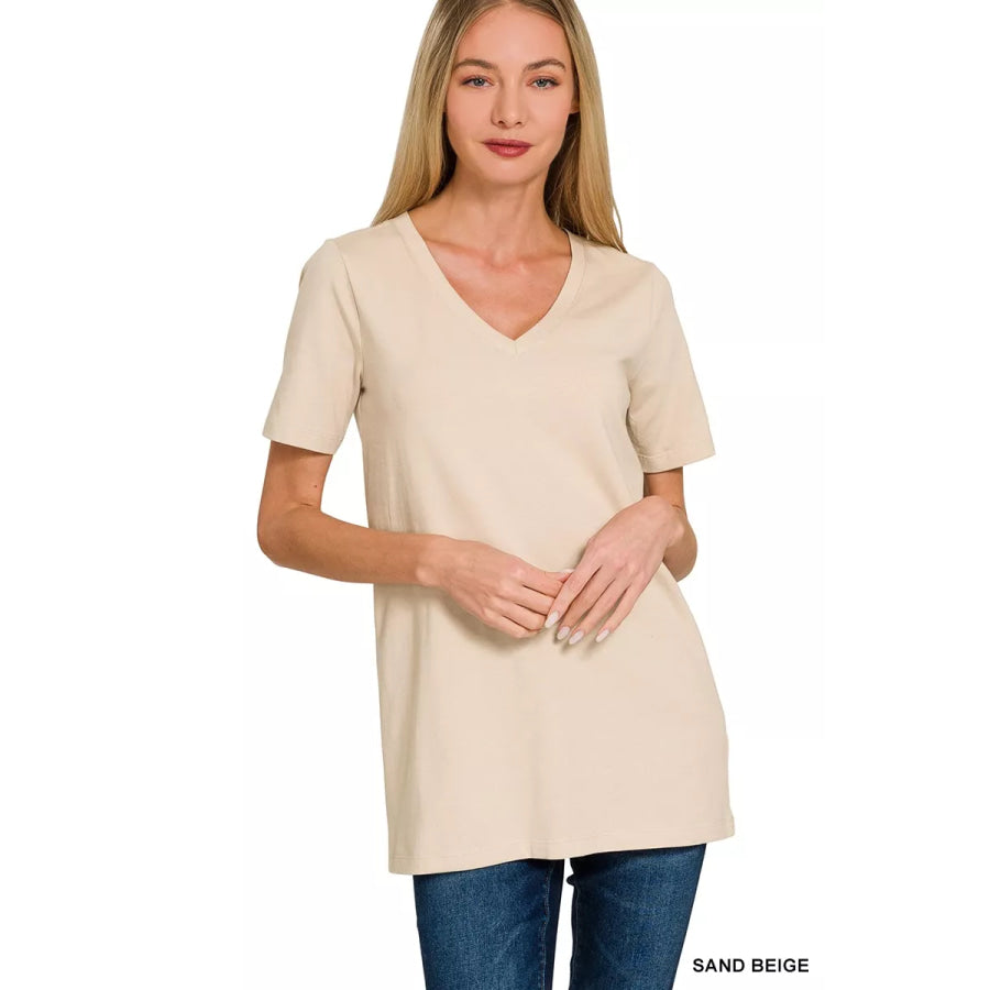 Zenana V-Neck Short Sleeve T-Shirt SAND BEIGE / S Apparel and Accessories