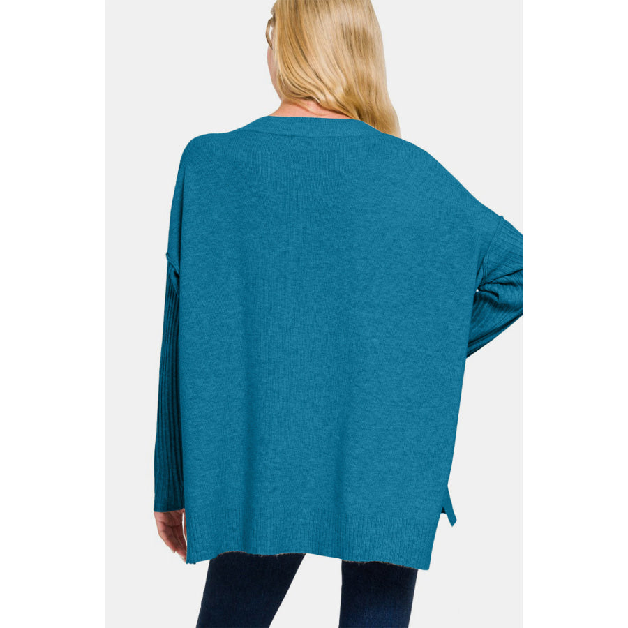 Zenana V-Neck Side Slit High-Low Sweater Apparel and Accessories