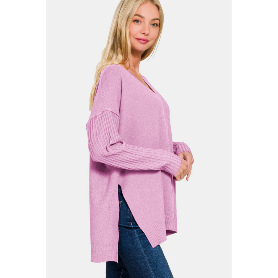 Zenana V-Neck Side Slit High-Low Sweater Apparel and Accessories