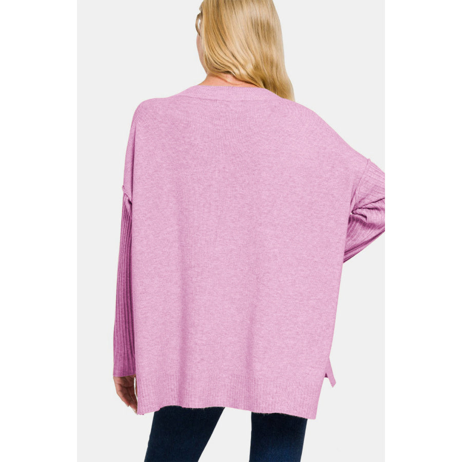 Zenana V-Neck Side Slit High-Low Sweater H Mauve / S/M Apparel and Accessories