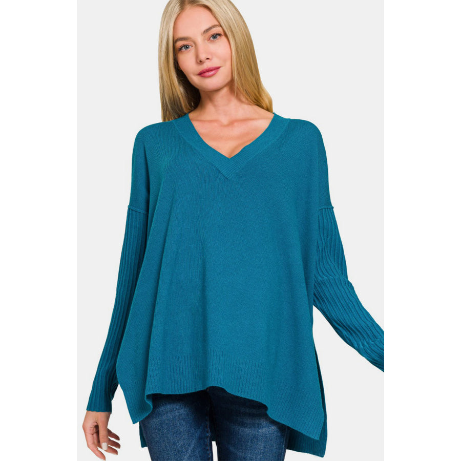 Zenana V-Neck Side Slit High-Low Sweater Apparel and Accessories