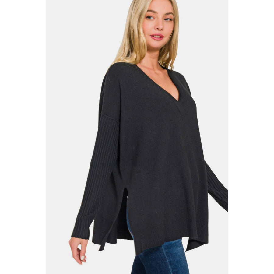 Zenana V-Neck Side Slit High-Low Sweater Apparel and Accessories