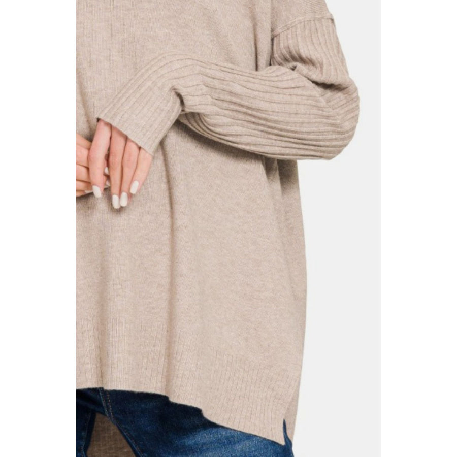 Zenana V-Neck Side Slit High-Low Sweater Apparel and Accessories