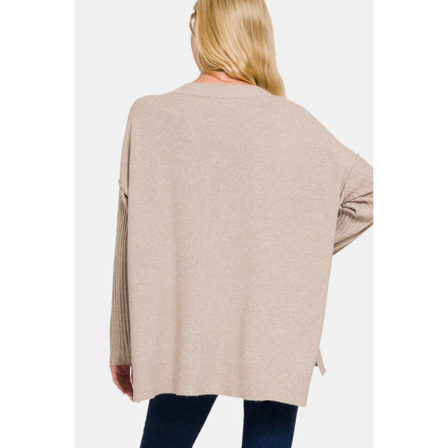 Zenana V-Neck Side Slit High-Low Sweater Apparel and Accessories