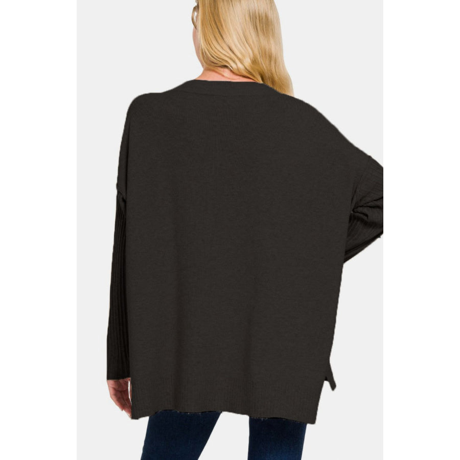 Zenana V-Neck Side Slit High-Low Sweater Apparel and Accessories